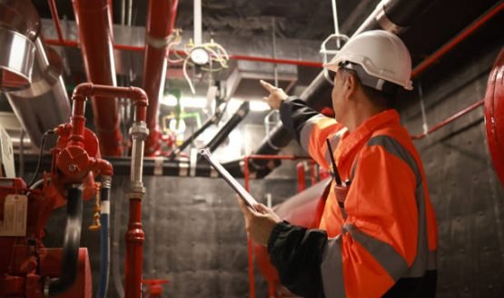 The engineer inspects the safety equipment on the fire extinguishing system.